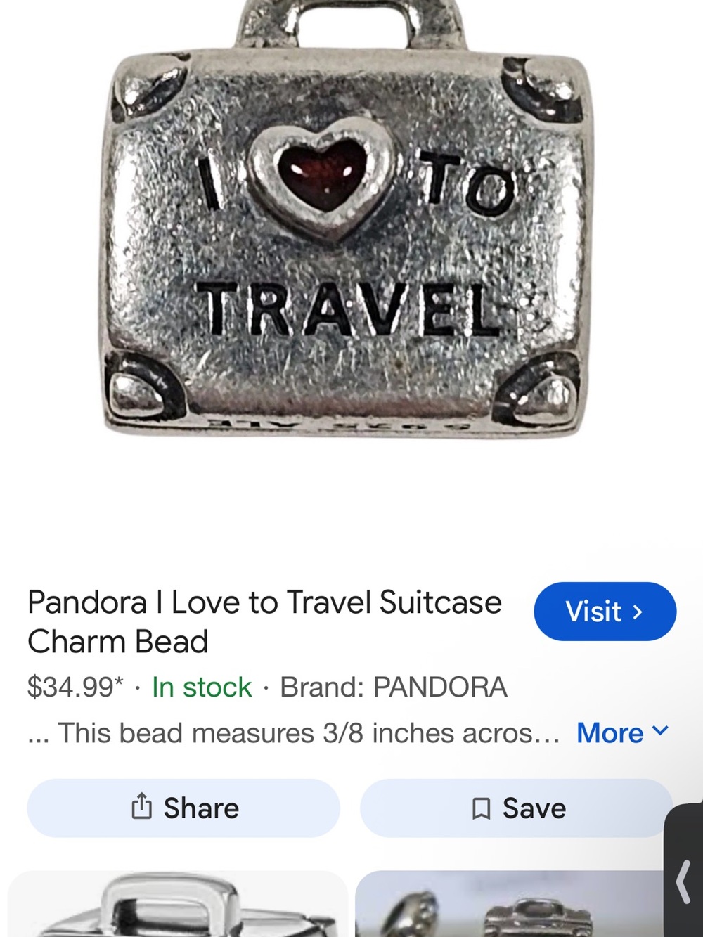 Pandora I Love to Travel Suitcase Charm Bead silver sterling trunk